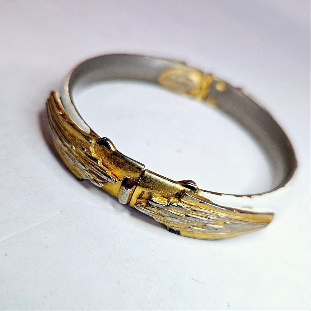 Vintage Signed Sandor Co. Hinged White Enamel Gold Tone Art Deco Bracelet Bangle
